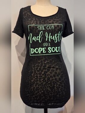Leopard Scoop Neck Short Sleeve Tee - Black with Mint Text